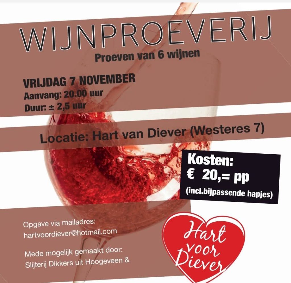 wijnproeverij vrijdag 7 november 2025 in Dorpshuis Hart van Diever